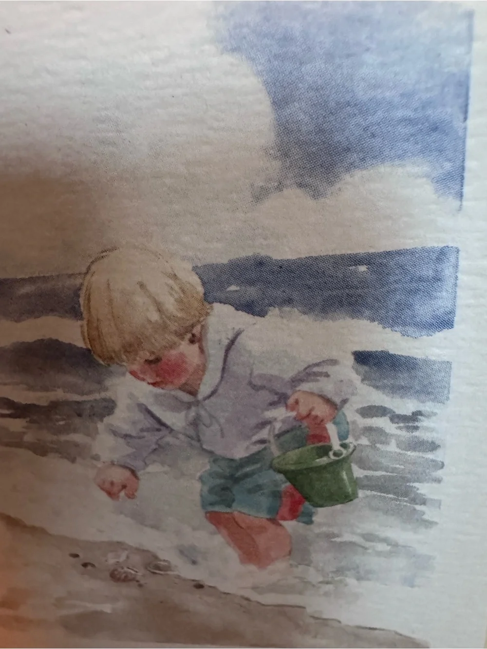 Vintage Miniature Watercolor Beach Boy Gold Frame Grandmillennial Coastal Art